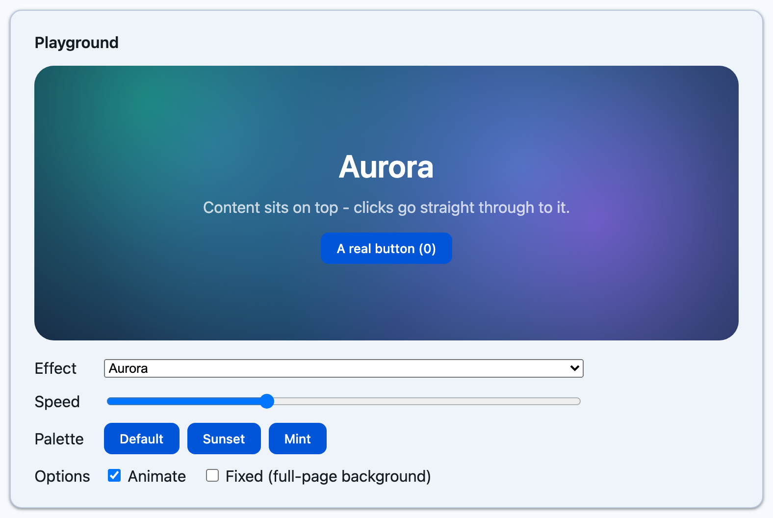 The Blazor playground with an aurora effect behind a heading and a button