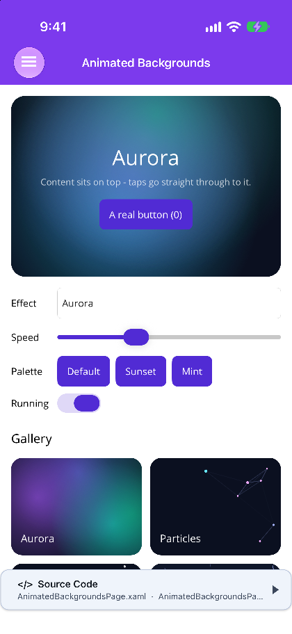 An aurora AnimatedBackground behind a title and a real button on iOS, with effect, speed and palette controls