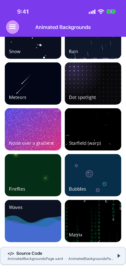 The effect gallery on iOS: snow, rain, meteors, dot spotlight, noise, warp starfield, fireflies, bubbles, waves and Matrix rain