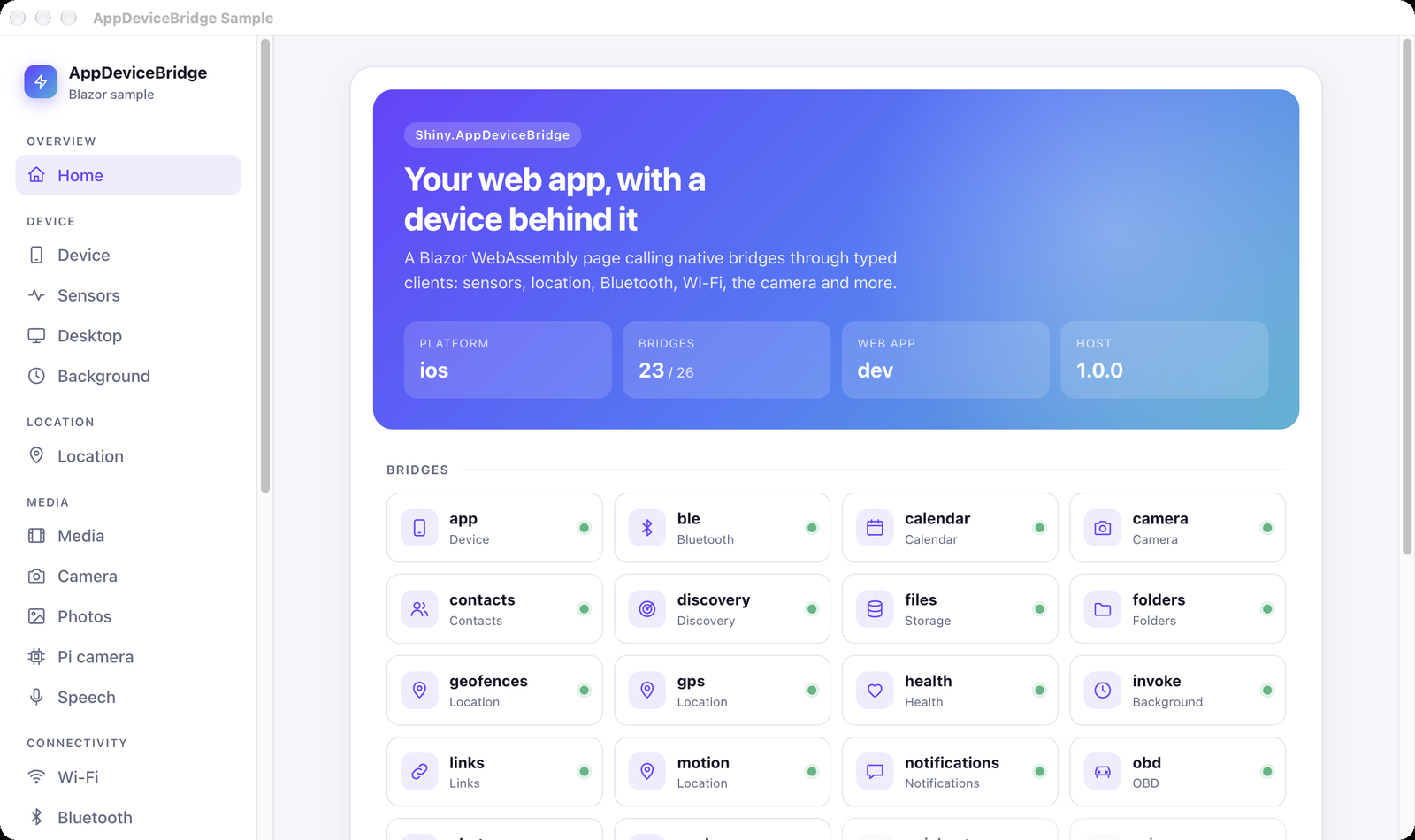 The Blazor sample in Chrome, served by the simulator: platform ios, 23 of 26 bridges available
