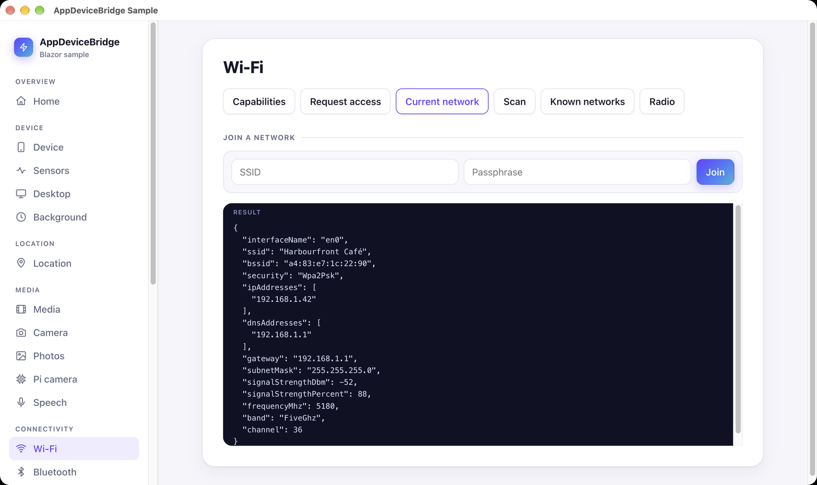 The sample's Wi-Fi page in the browser, showing the Harbourfront Café network