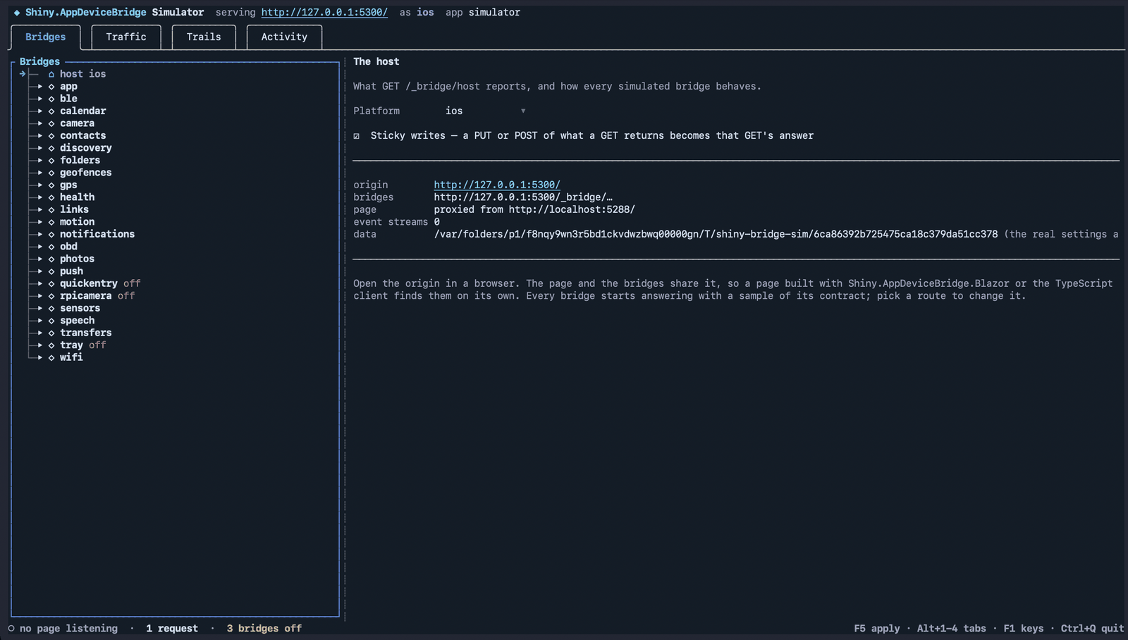 The simulator's Bridges tab: a tree of every bridge, with the host reporting ios