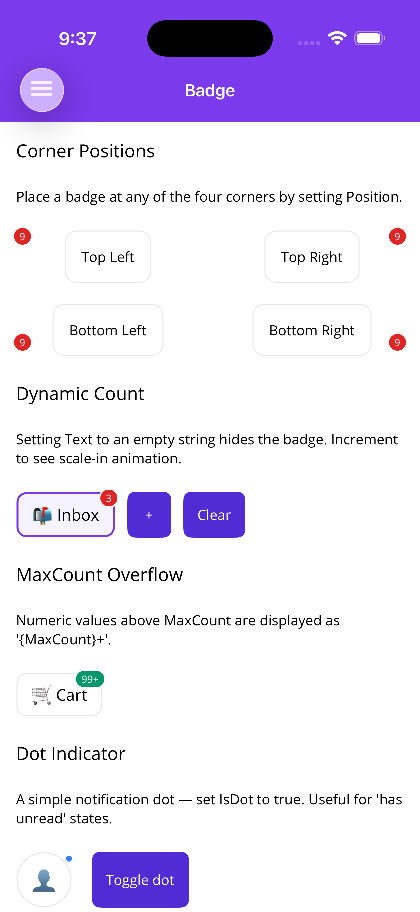 BadgeView corner positions with dynamic count and 99+ overflow