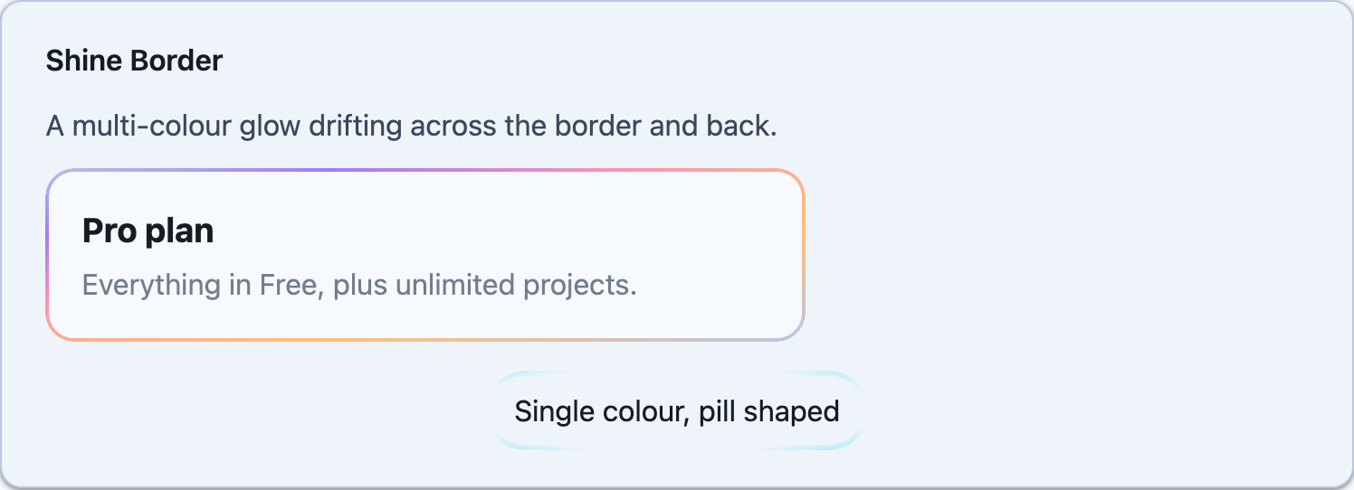A multi-colour shine on a Pro plan card and a single-colour pill