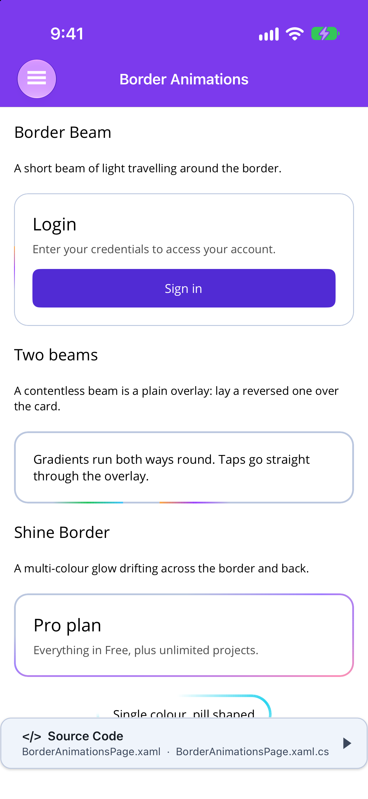 BorderBeam on a login card, two beams running opposite ways over a card, and a ShineBorder on a Pro plan card, on iOS