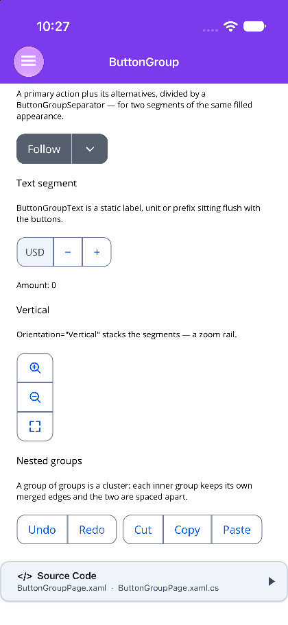 A split button, a USD stepper, a vertical zoom rail and nested groups on .NET MAUI