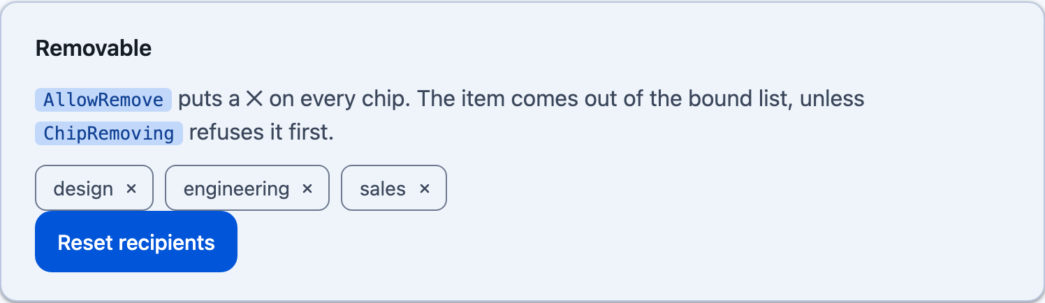 Removable chips each with a close button on Blazor