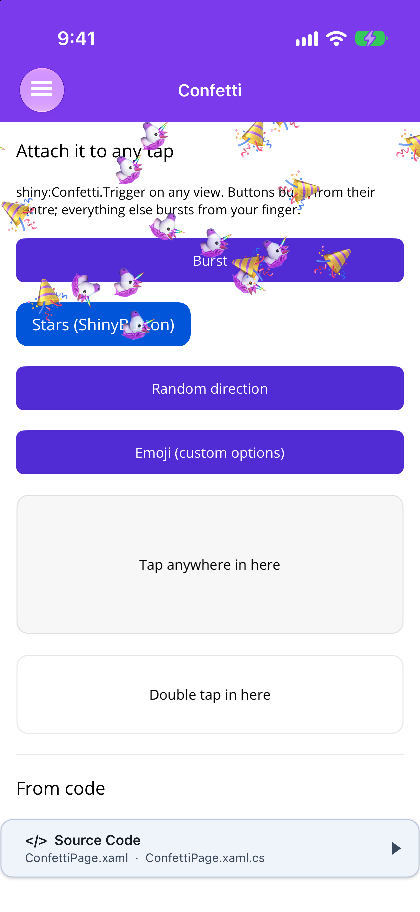 Emoji confetti bursting from a button on .NET MAUI