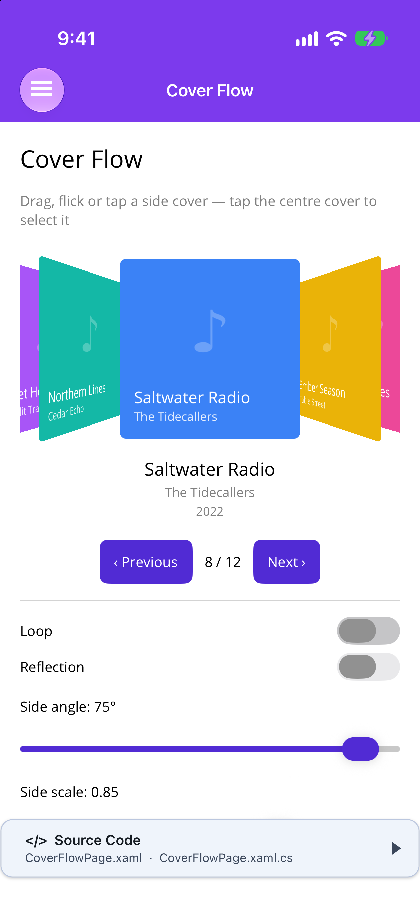 Cover Flow on iOS at a 75 degree side angle with reflections off, showing the side covers stacked on both sides