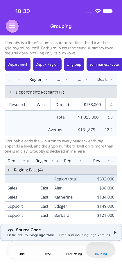 Grouped rows with totals on .NET MAUI