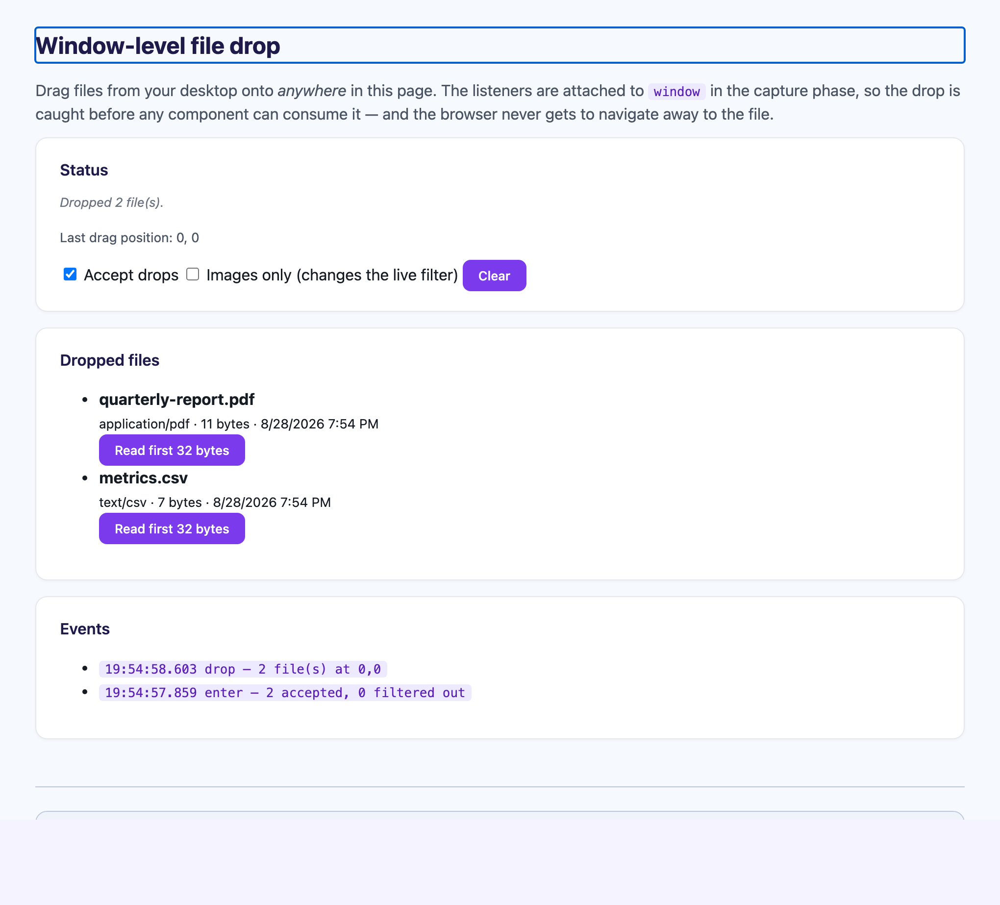 The dropped files listed with an event log entry beneath them