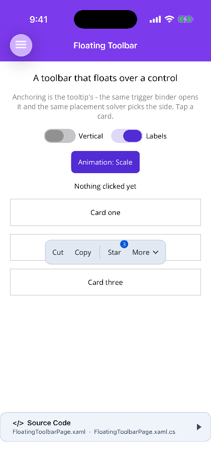 A horizontal floating toolbar anchored above a card
