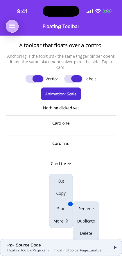 A dropdown flying out from the toolbar's More button
