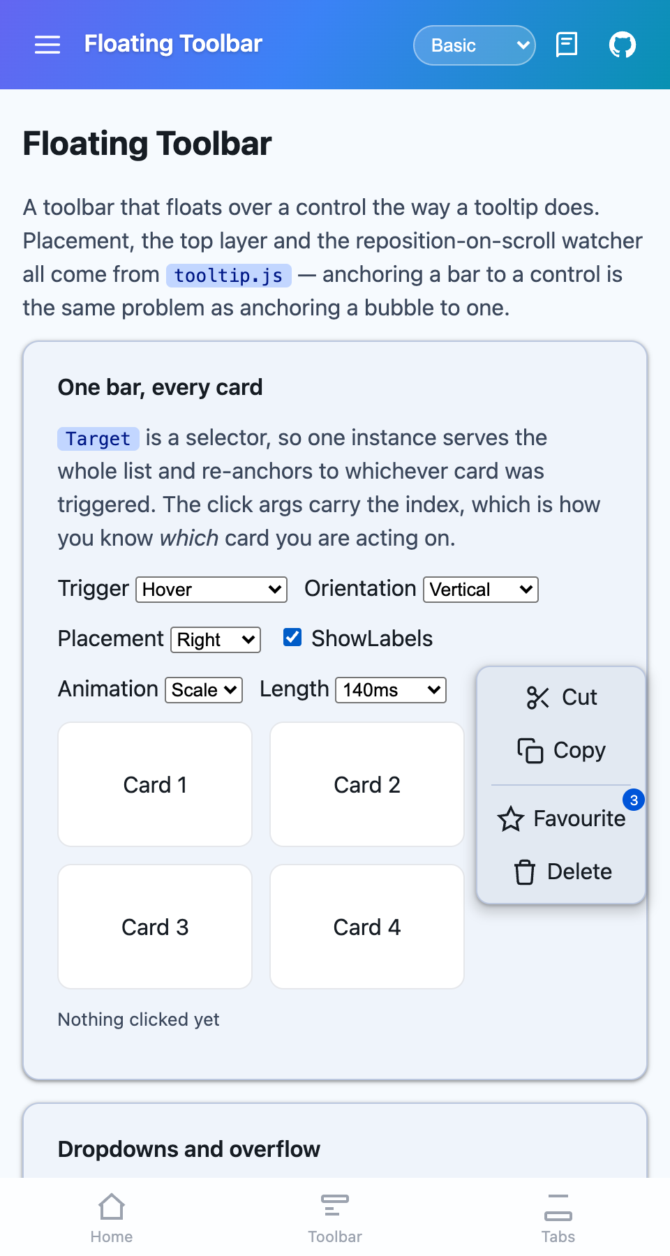 The same toolbar laid out vertically beside a card