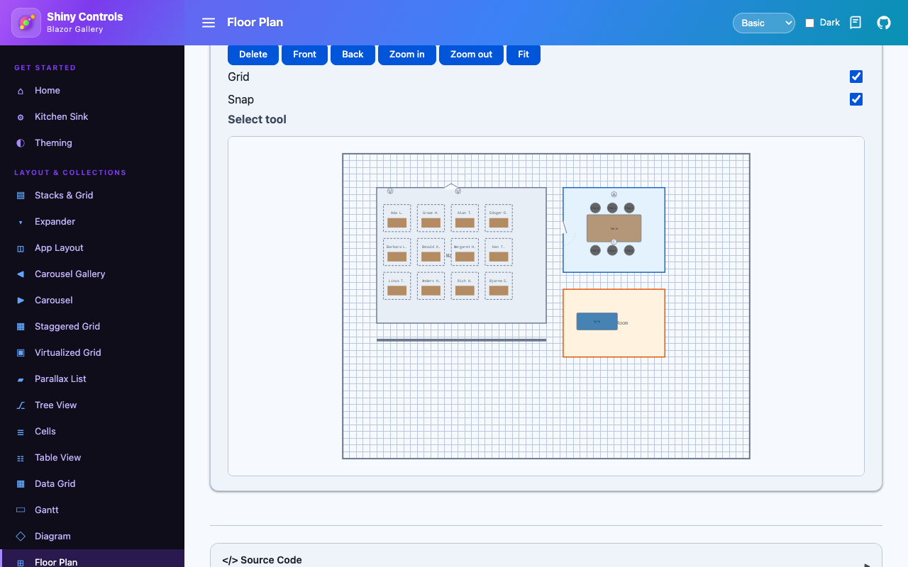The floor plan editor with named desks on Blazor