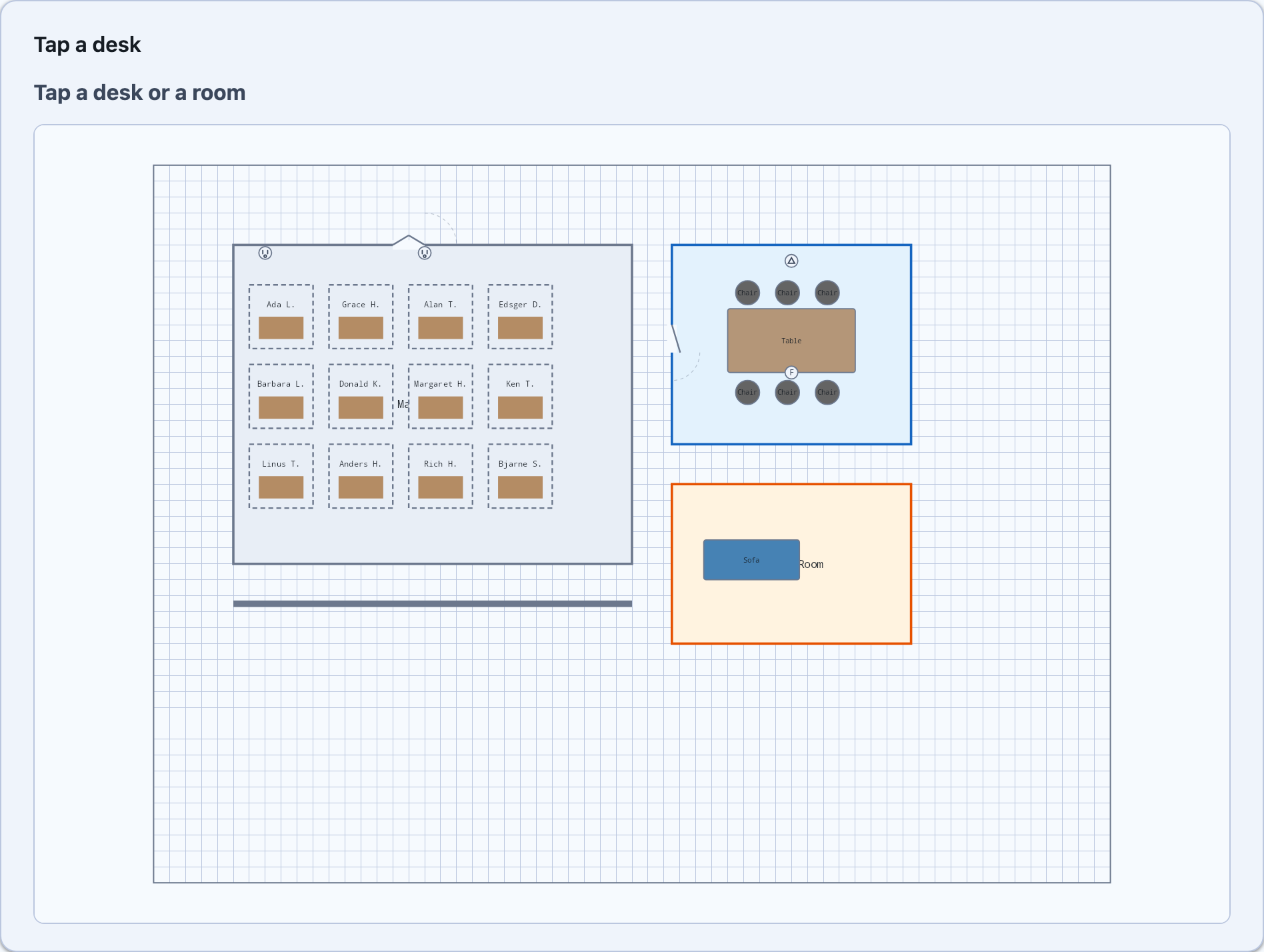 The seating chart sample: named desks, a meeting room and a lounge, tap to report on Blazor