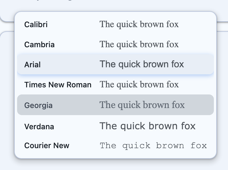 The family popup open, each row in its own typeface, on Blazor
