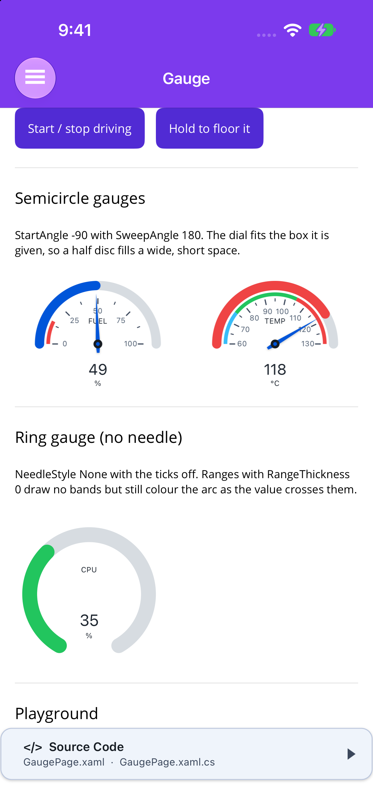 Fuel and temperature semicircle gauges above a needle-less CPU ring gauge on .NET MAUI