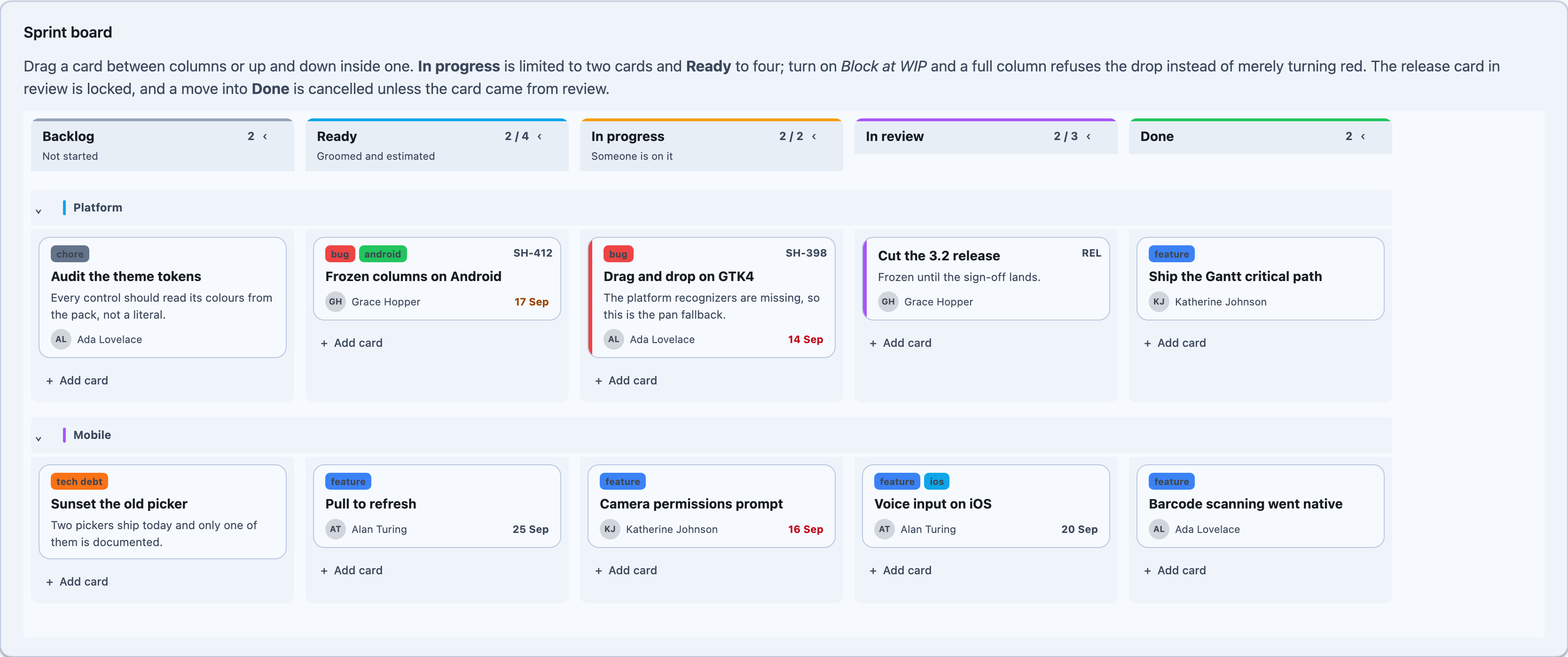 The same board grouped into Platform and Mobile swimlanes on Blazor