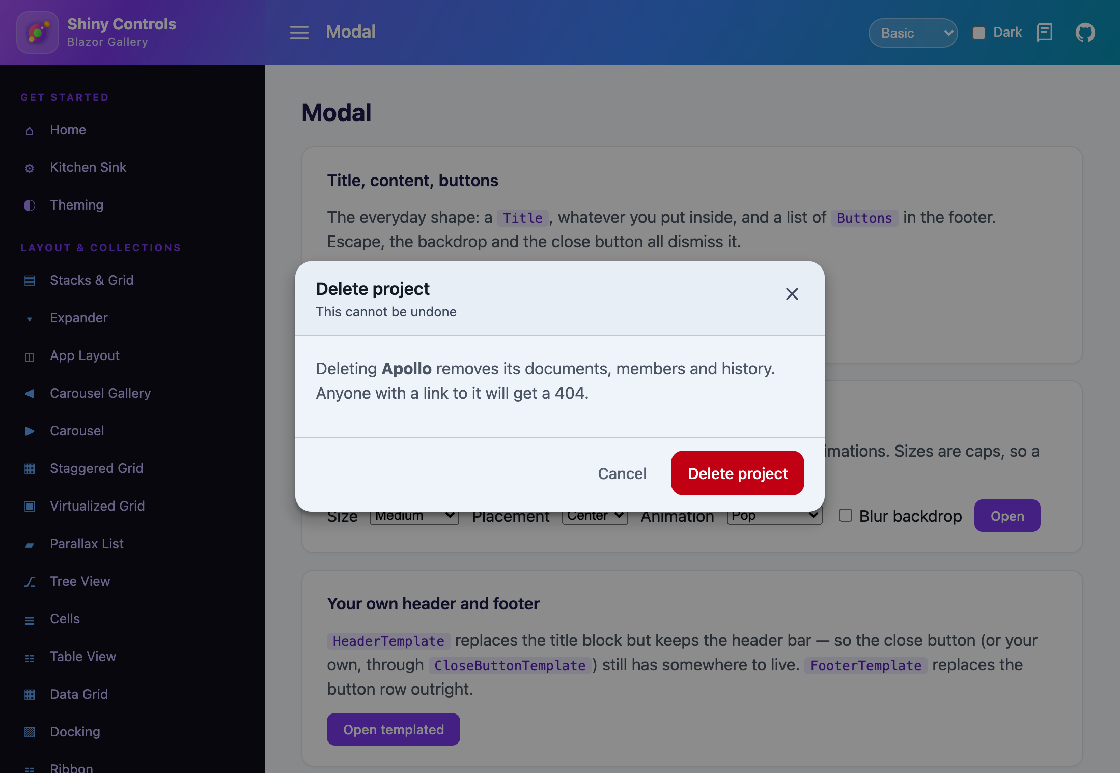 A Delete project modal with a title, body and a destructive footer button