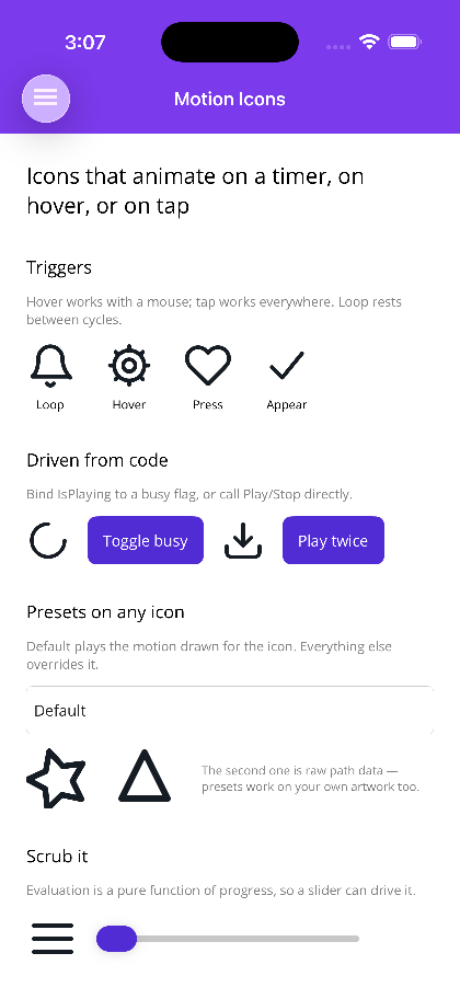 Motion icon triggers and code-driven playback on MAUI