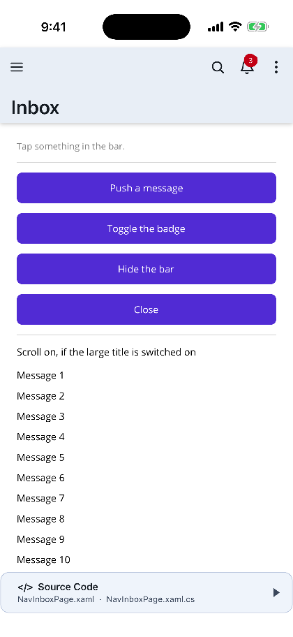 The same bar with the large title expanded below it