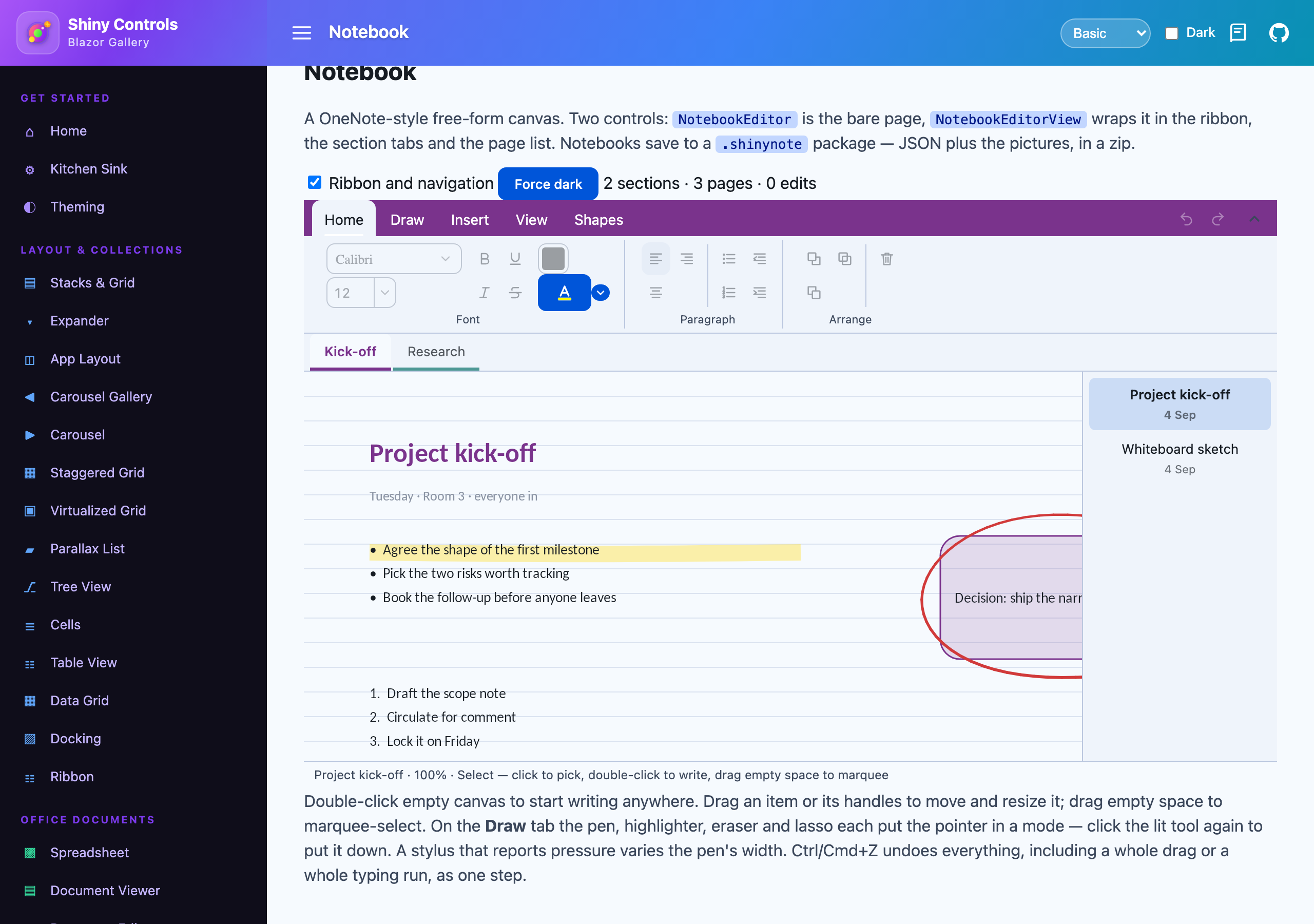The notebook with its ribbon, section tabs and page list on Blazor