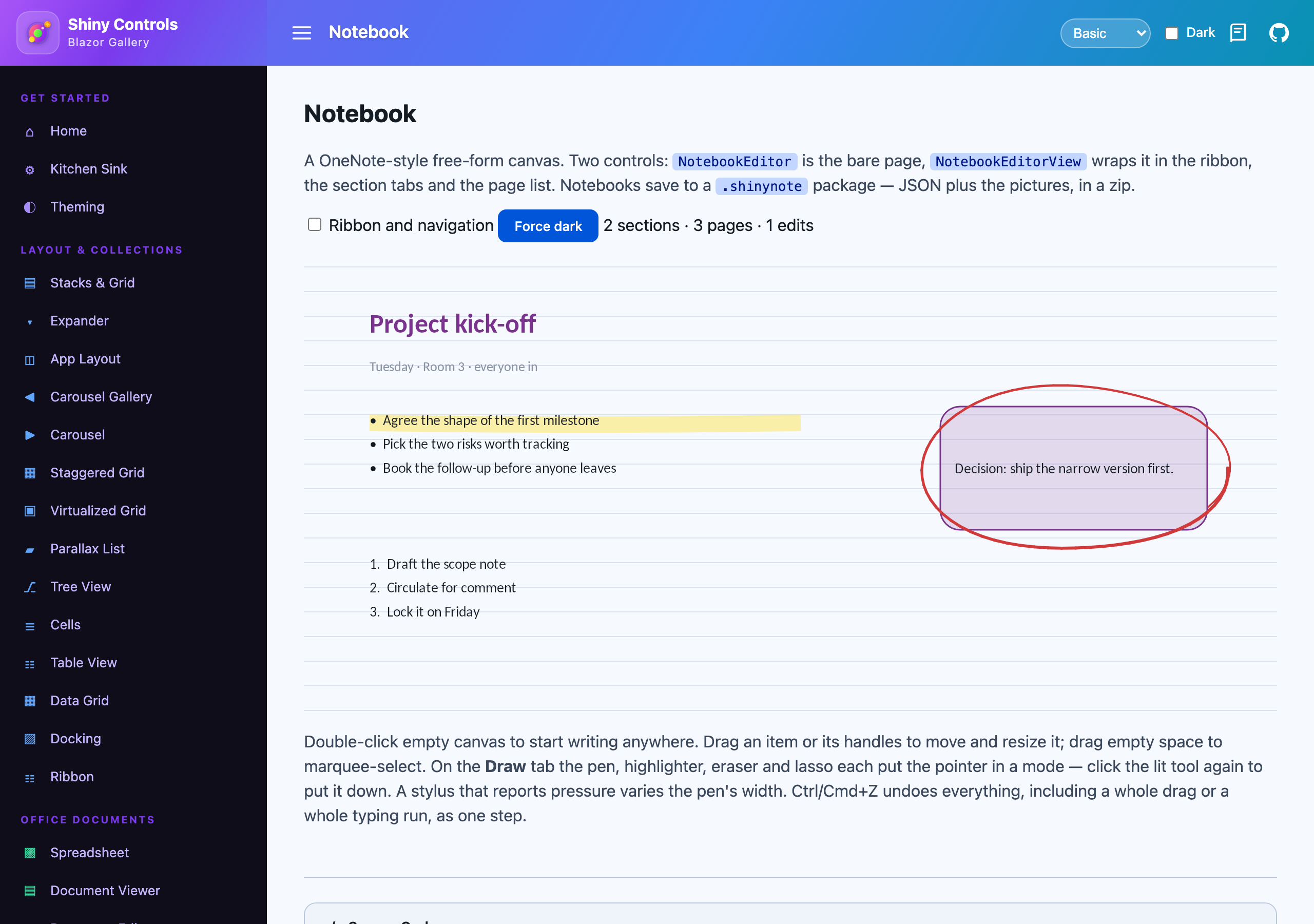 NotebookEditor with no chrome — a ruled page with highlighted text, an ink annotation and a shape on Blazor