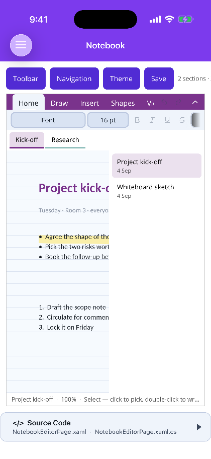 The notebook with its ribbon, the Kick-off and Research section tabs and the page list open on iOS
