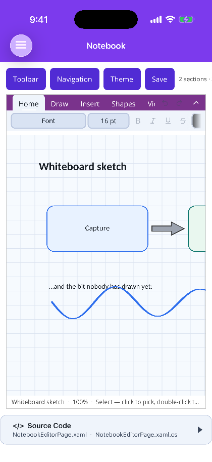 A grid-ruled page carrying shapes and a pen stroke on iOS