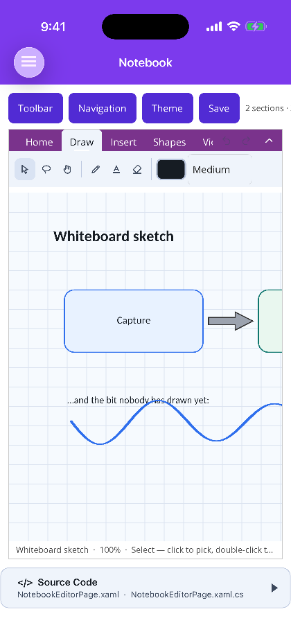 The Draw tab with the pointer, lasso, hand, pen, highlighter and eraser on iOS