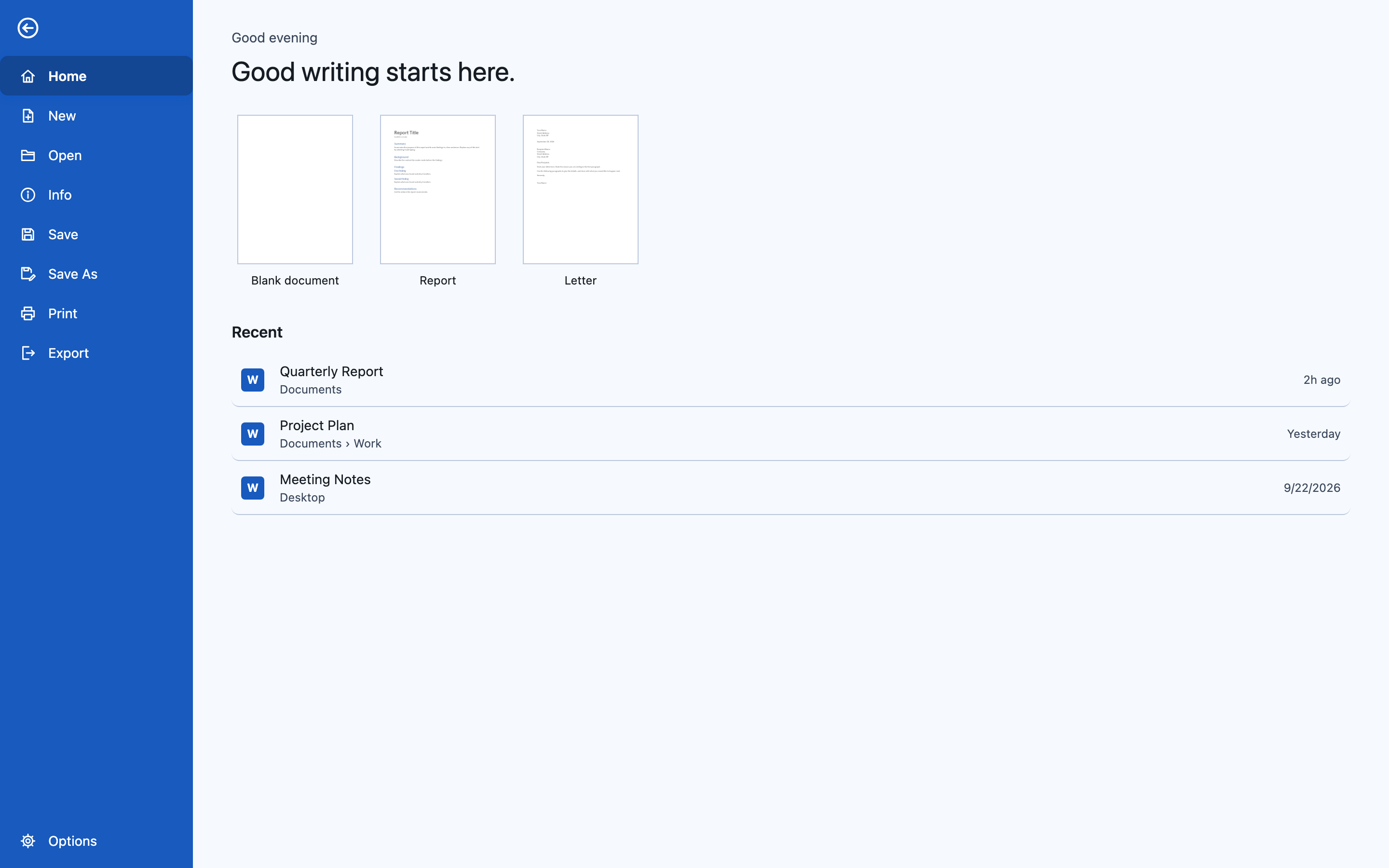 The Word backstage on Blazor: Home with Blank, Report and Letter template thumbnails and the host-supplied recent list