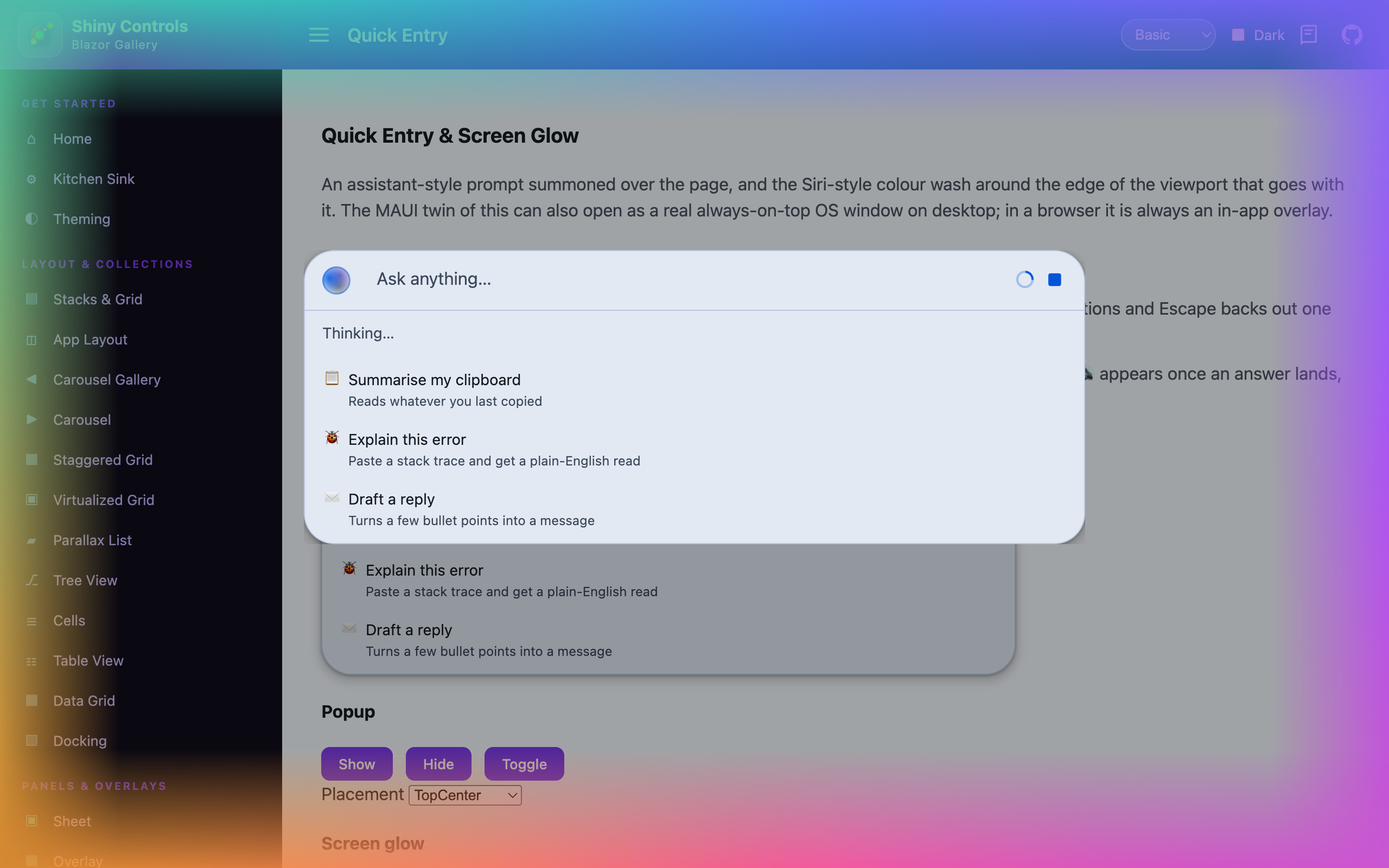 The popup working, with the screen glow rimming the viewport