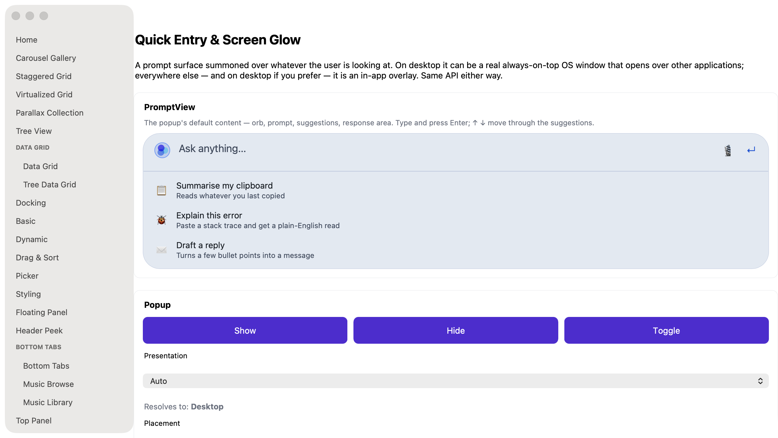 The quick entry page on macOS, with the presentation resolving to Desktop