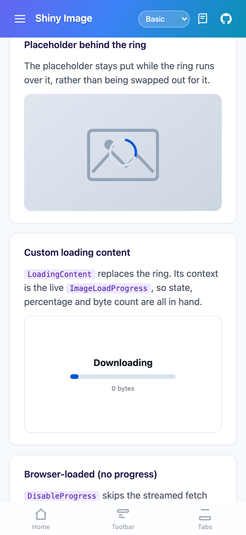 Placeholder artwork staying put under the ring, plus a custom LoadingContent