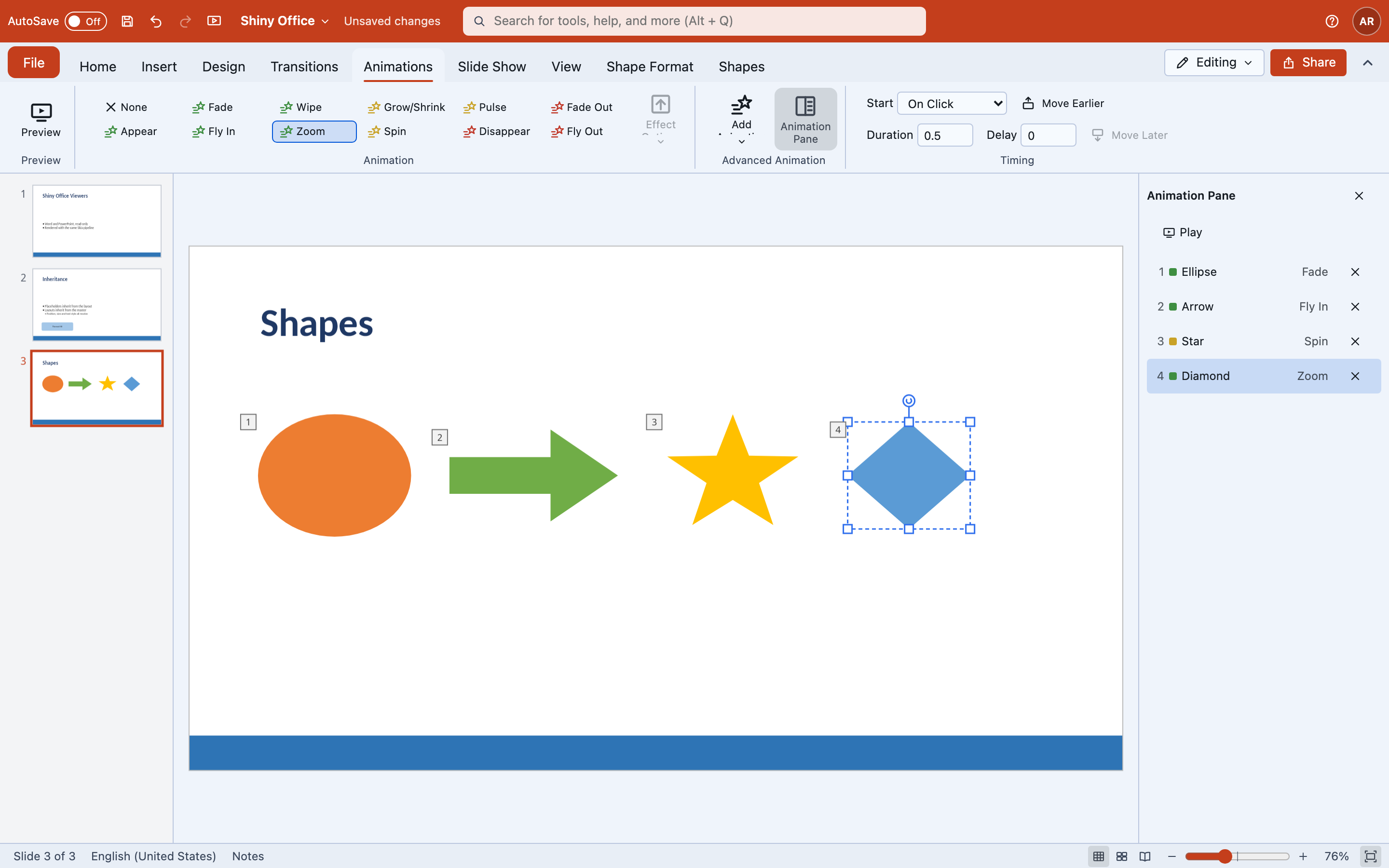 The Animations tab and Animation Pane on Blazor, with numbered entrance and emphasis effects on four shapes