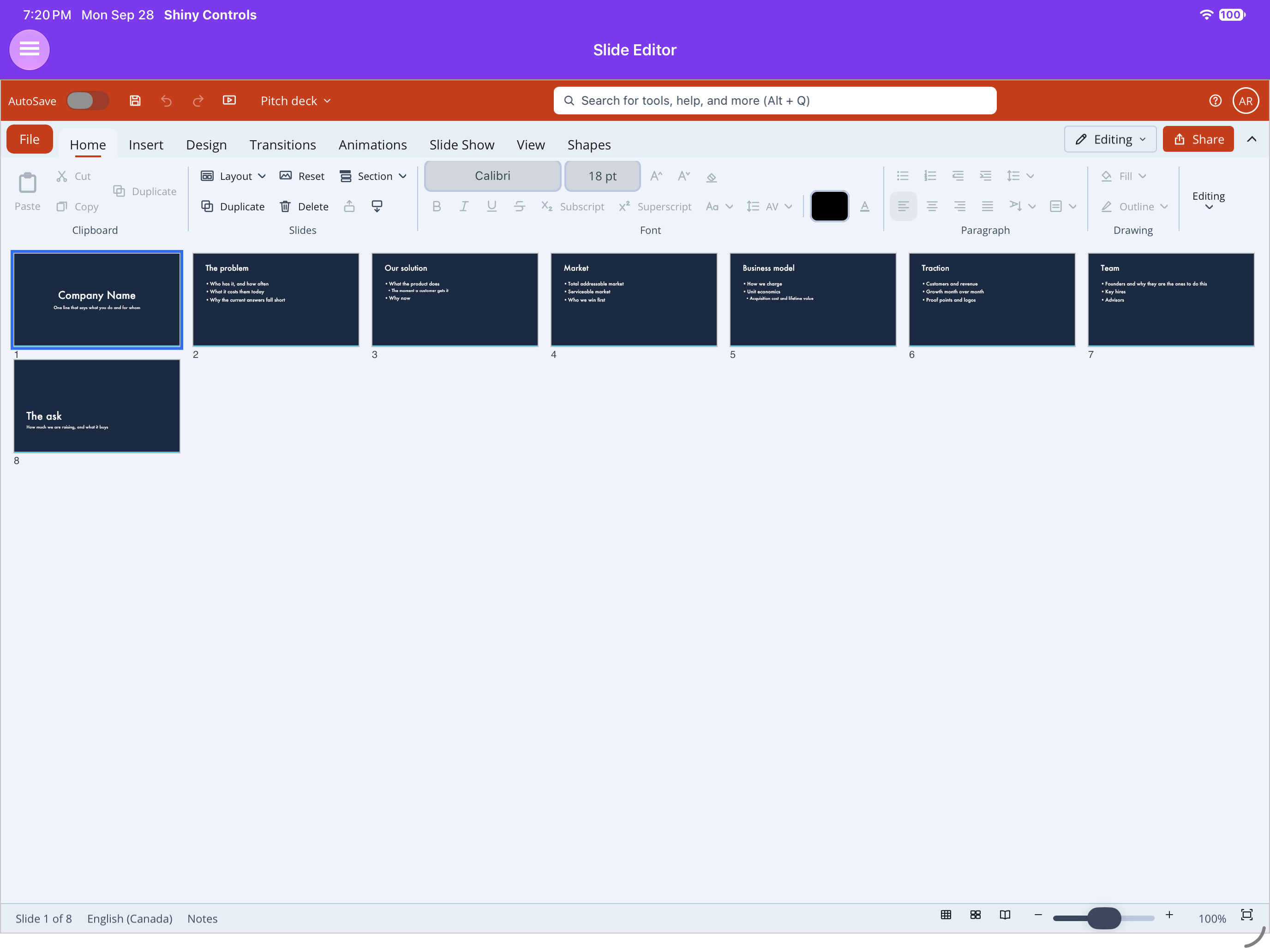 Slide Sorter view of an eight-slide pitch deck on iPad