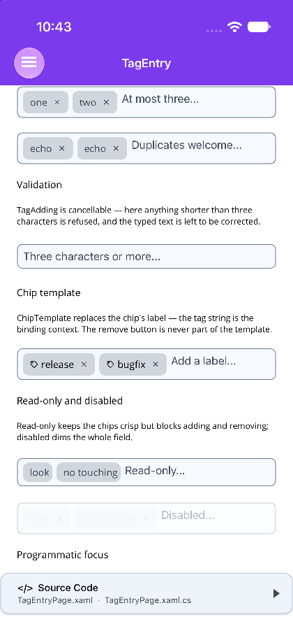 Capped, duplicate, templated, read-only and disabled tag entries on .NET MAUI