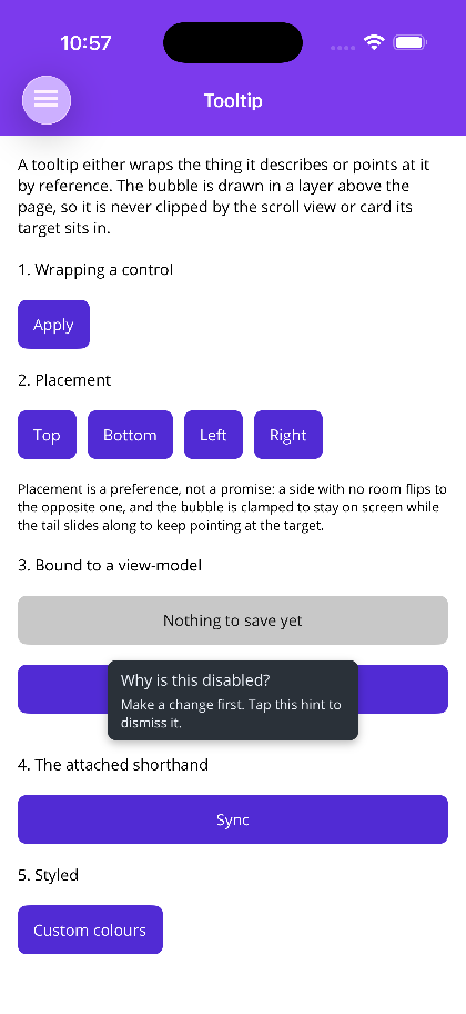 A tooltip opened from IsOpen on the view-model
