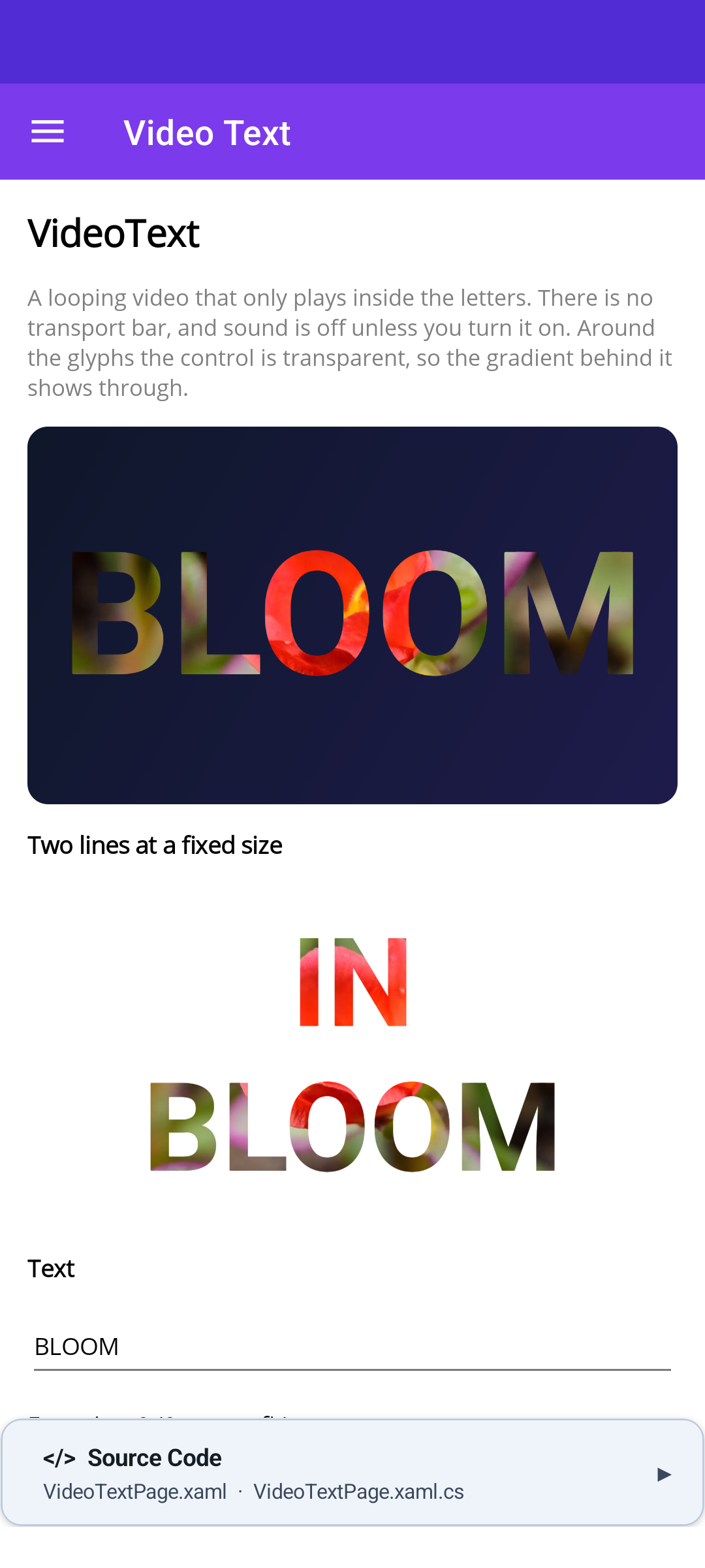 The same VideoText page on Android, the video masked to the letters through a TextureView
