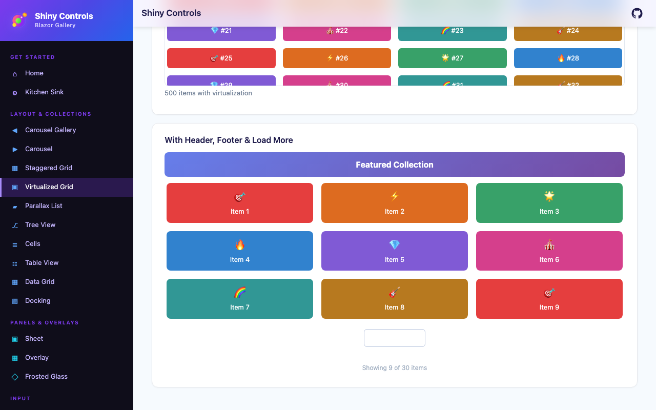 Header, footer and load more on Blazor