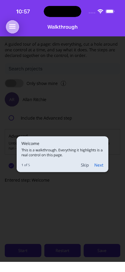 A centred welcome card over the dimmed page