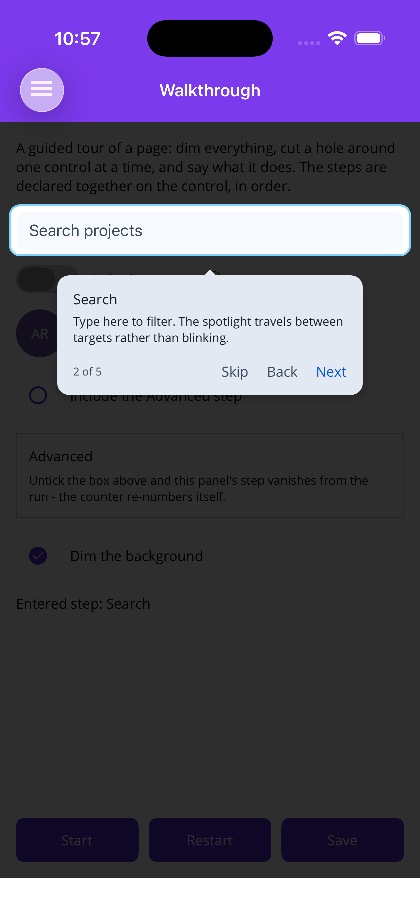 The spotlight around the search box with a popover below it