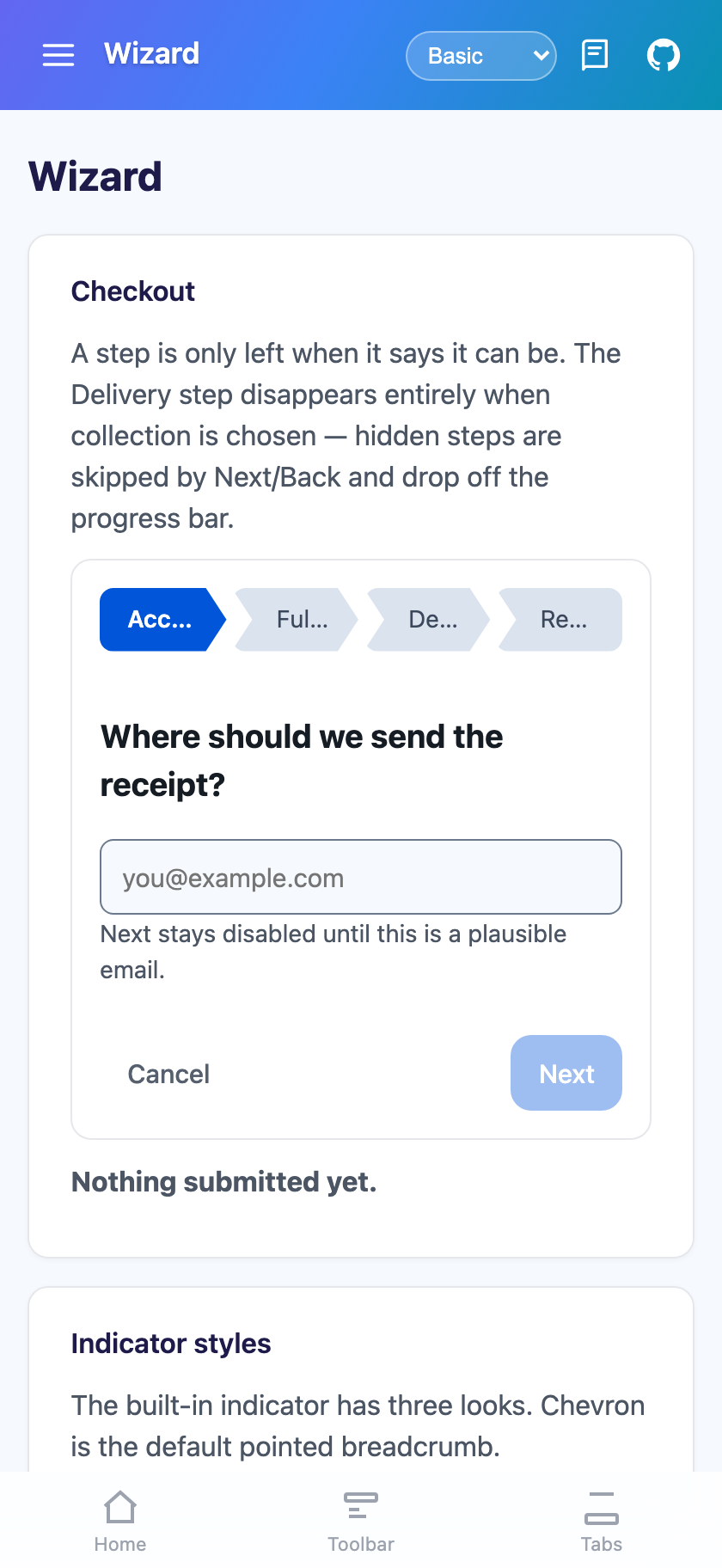 Step one with Next disabled on Blazor