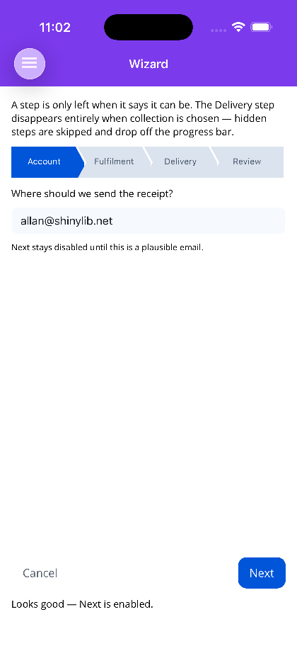 The same step with a valid email and Next enabled