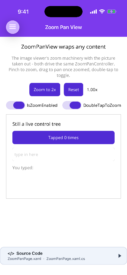 A ZoomPanView wrapping a live control tree on iOS